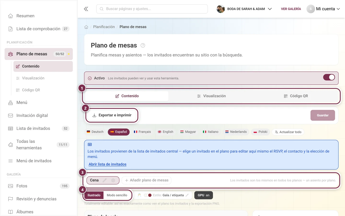 Editor del plano de mesas con el aviso azul sobre la lista de invitados central y el selector de planos
