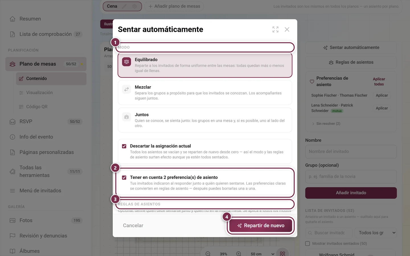 Diálogo Sentar automáticamente con la zona de modos, la opción de preferencias, el apartado de reglas de asientos y el botón desactivado Todos tienen ya asiento marcados