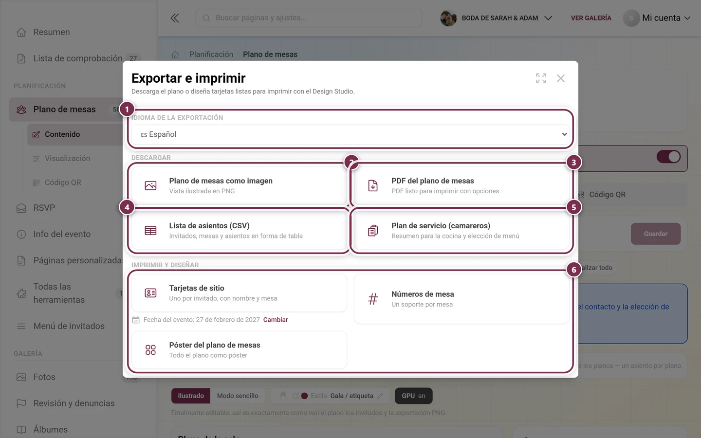 Diálogo Exportar e imprimir con el selector de idioma, las cuatro tarjetas de descarga y la sección Imprimir y diseñar marcados