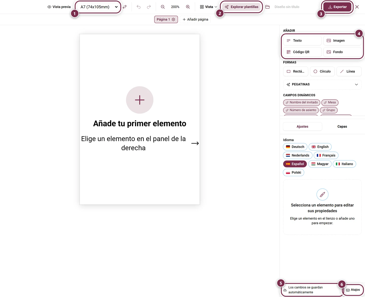 Design Studio con una tarjeta de sitio vacía, el formato de papel, el botón Explorar plantillas, el botón Exportar, el panel de elementos, el aviso de guardado y el botón Atajos marcados