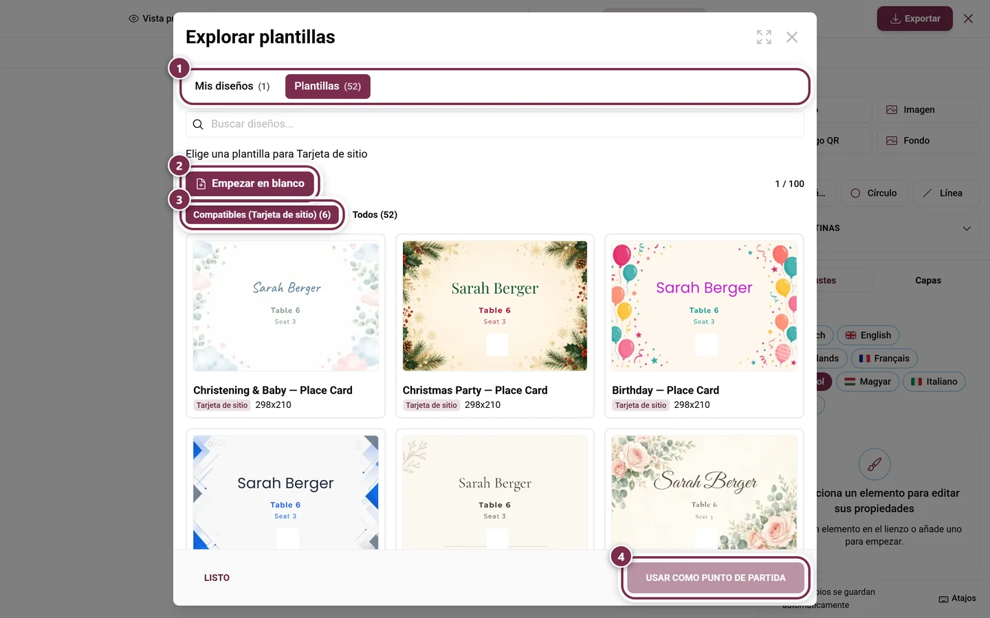 Explorador de plantillas del Design Studio con las pestañas Mis diseños y Plantillas, el botón Empezar en blanco, el filtro Coincidentes y el botón Usar como punto de partida