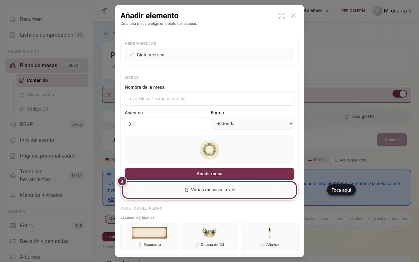 Diálogo Añadir elemento con la entrada Varias mesas a la vez resaltada en rojo