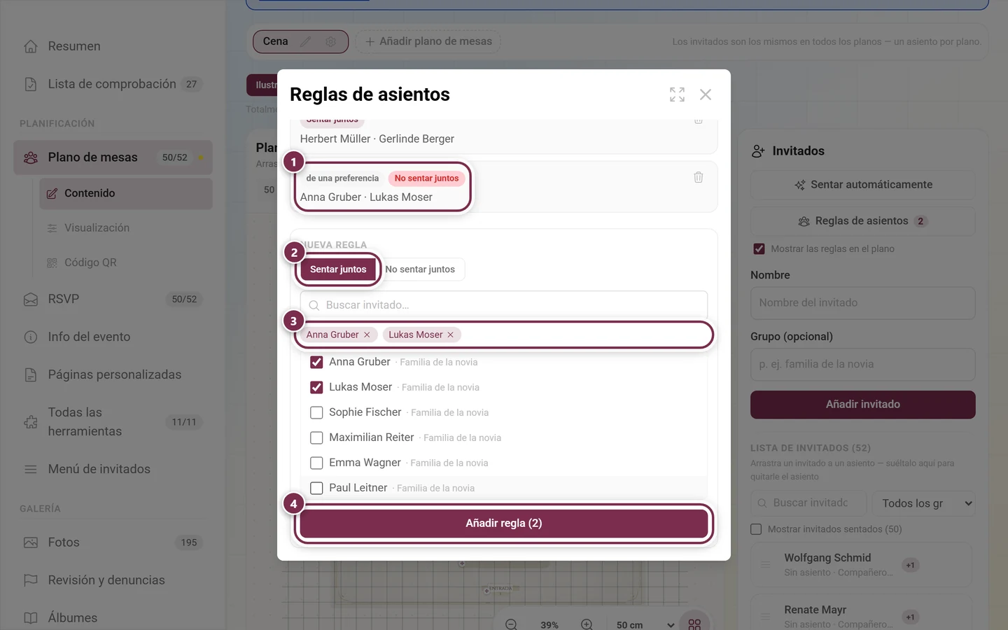Diálogo Reglas de asientos con una regla existente procedente de una preferencia, el selector de tipo, los chips con los nombres de los invitados elegidos y el botón Añadir regla