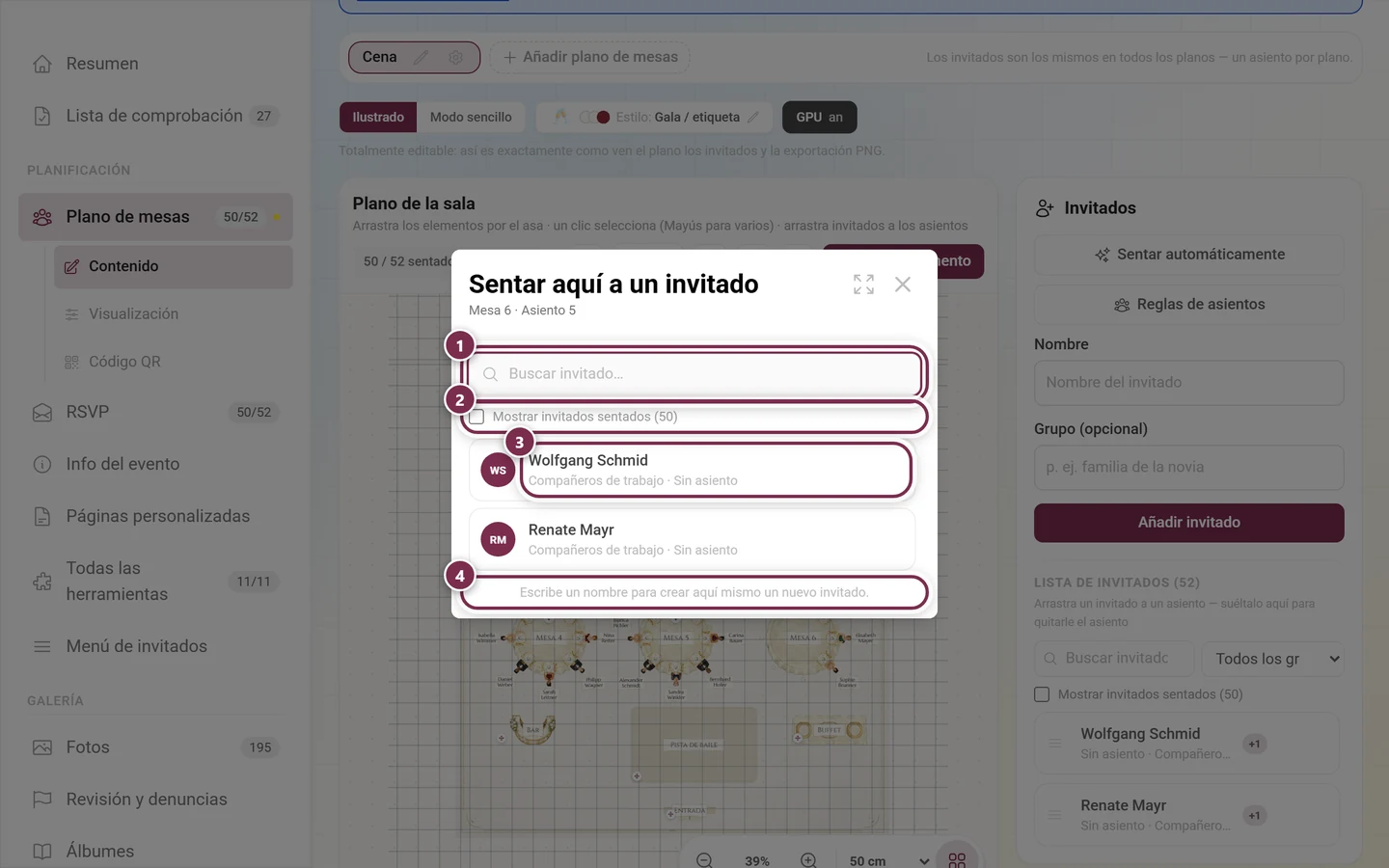 Diálogo Sentar aquí a un invitado con el campo de búsqueda, la casilla de invitados sentados, una fila de invitado y el aviso sobre crear nuevos invitados marcados
