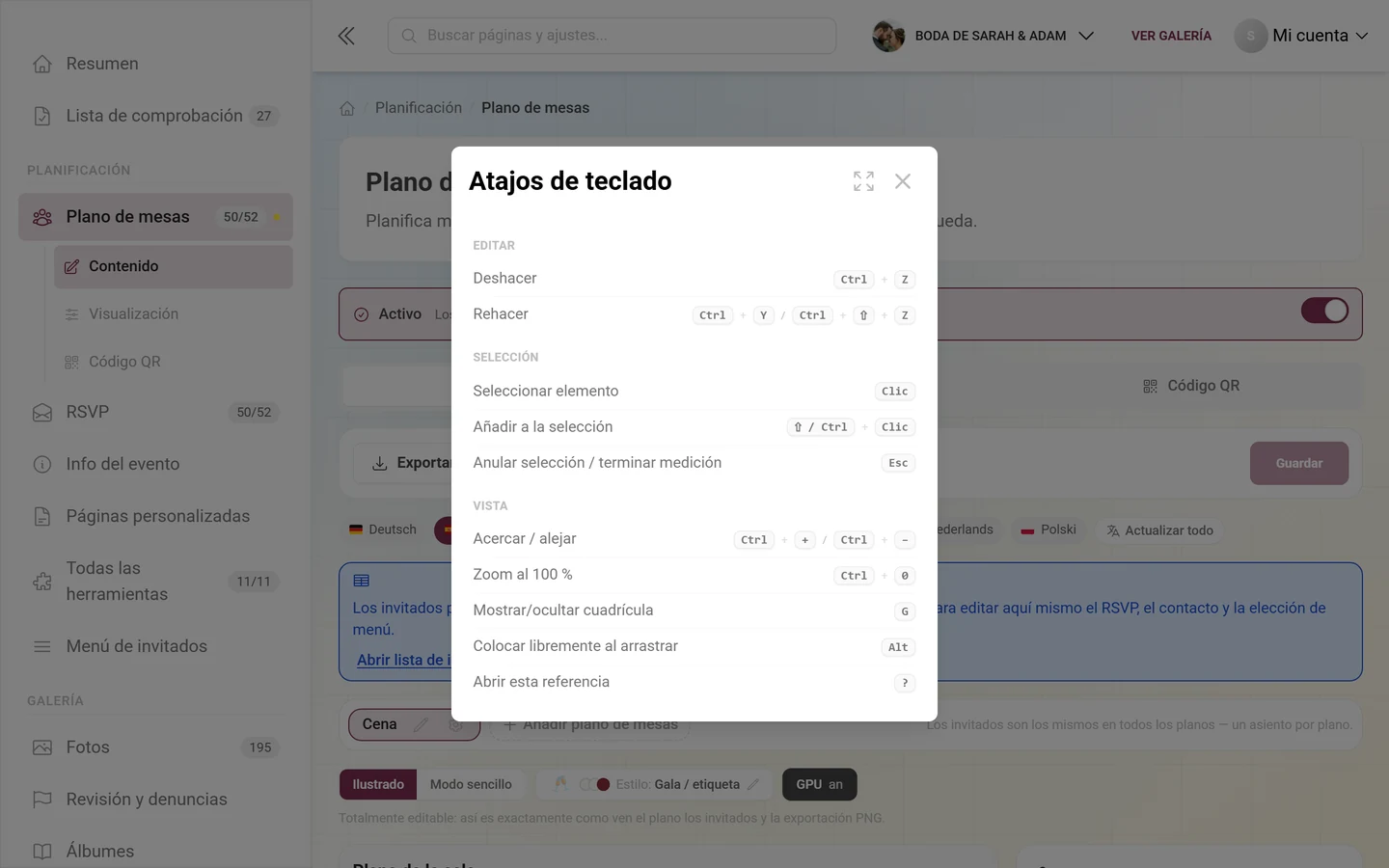 Diálogo Atajos de teclado con los grupos Editar, Selección y Vista