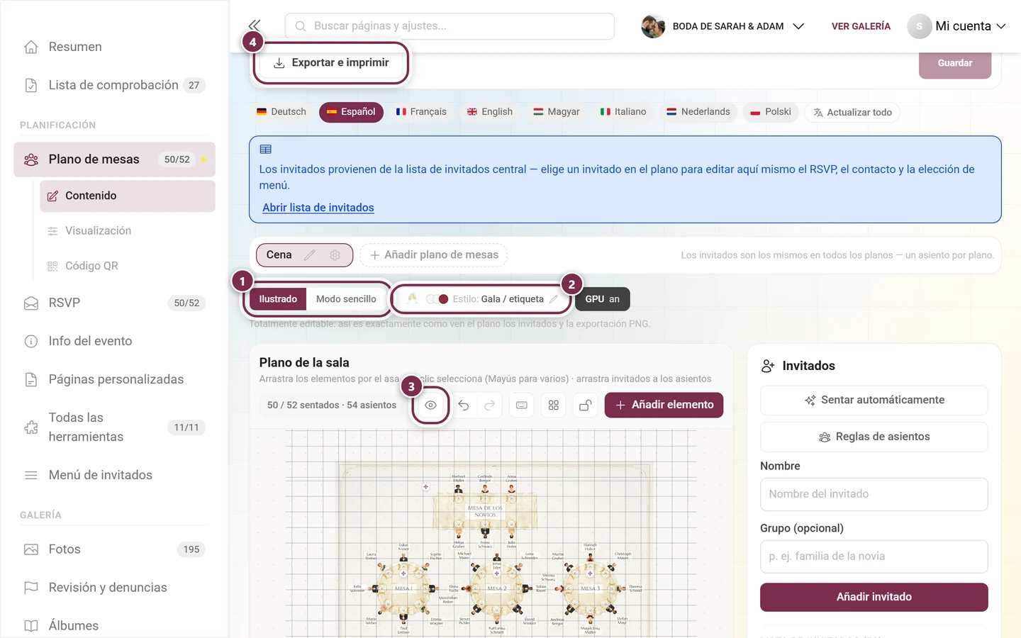 Editor del plano de mesas con el selector de vista, el botón de estilo, el icono del ojo y el botón Exportar e imprimir marcados