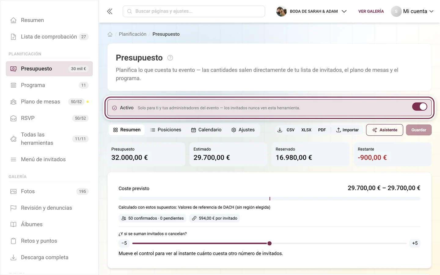 Editor de Presupuesto con la línea explicativa para herramientas puramente administrativas