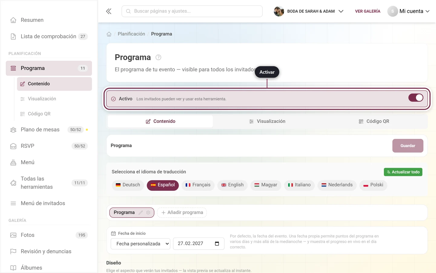 Editor de herramienta con la franja de activa resaltada sobre las pestañas
