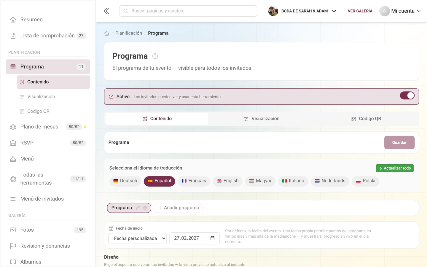 Editor de una herramienta con la franja de activa y la barra de pestañas