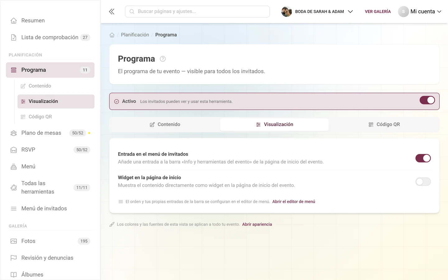 Pestaña Visualización con los interruptores para el widget y el menú de invitados