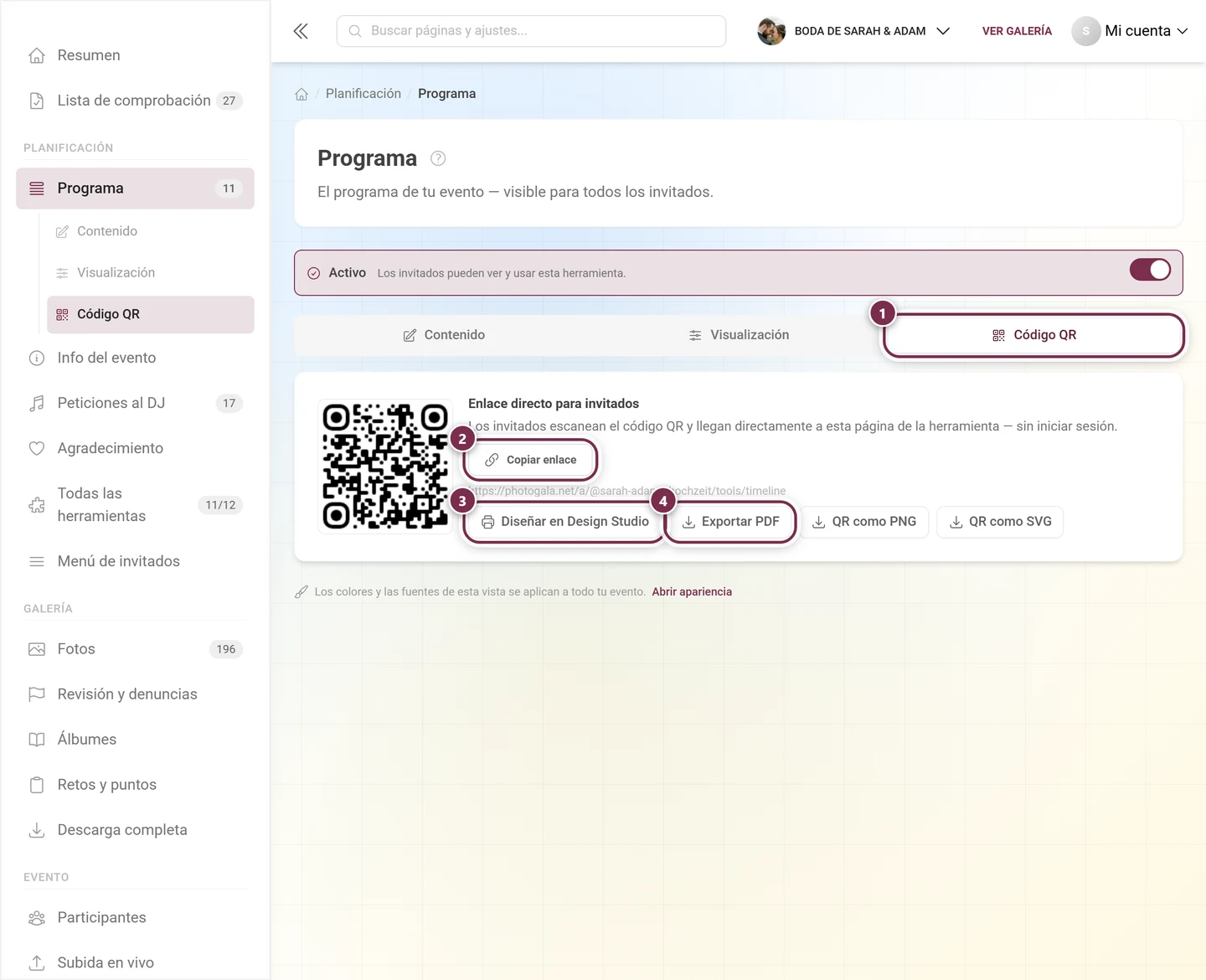 Pestaña Código QR con anillos numerados alrededor de la pestaña, Copiar enlace, Diseñar en Design Studio y Exportar PDF