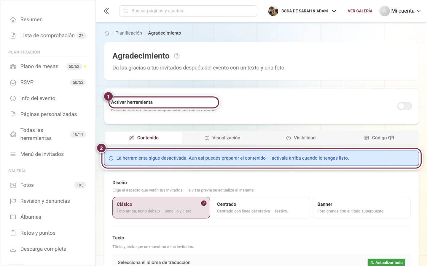 Nota de agradecimiento con la herramienta desactivada y aviso azul sobre el modo borrador