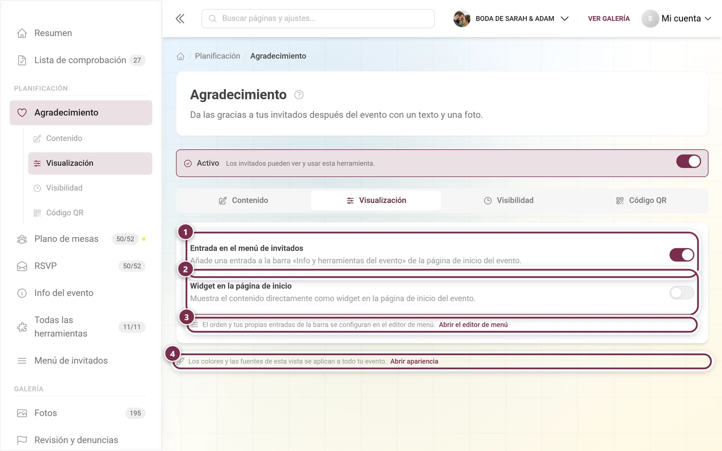 Pestaña Visualización con los interruptores para el menú de invitados y el widget de la página de inicio, además de dos enlaces cruzados