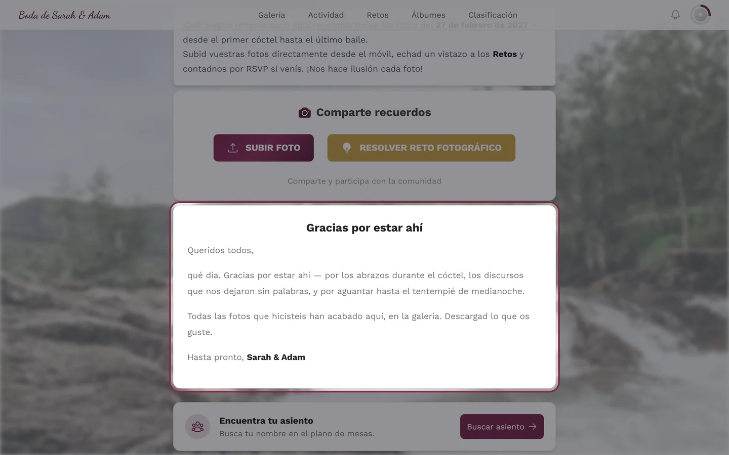 Nota de agradecimiento como widget en la página de inicio del evento, vista del invitado