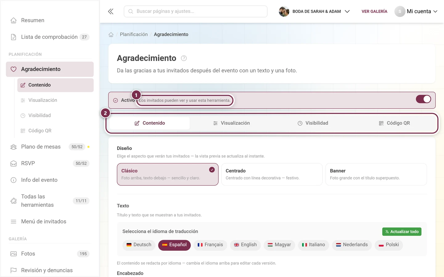 Cabecera de la nota de agradecimiento con el interruptor Activo y las cuatro pestañas