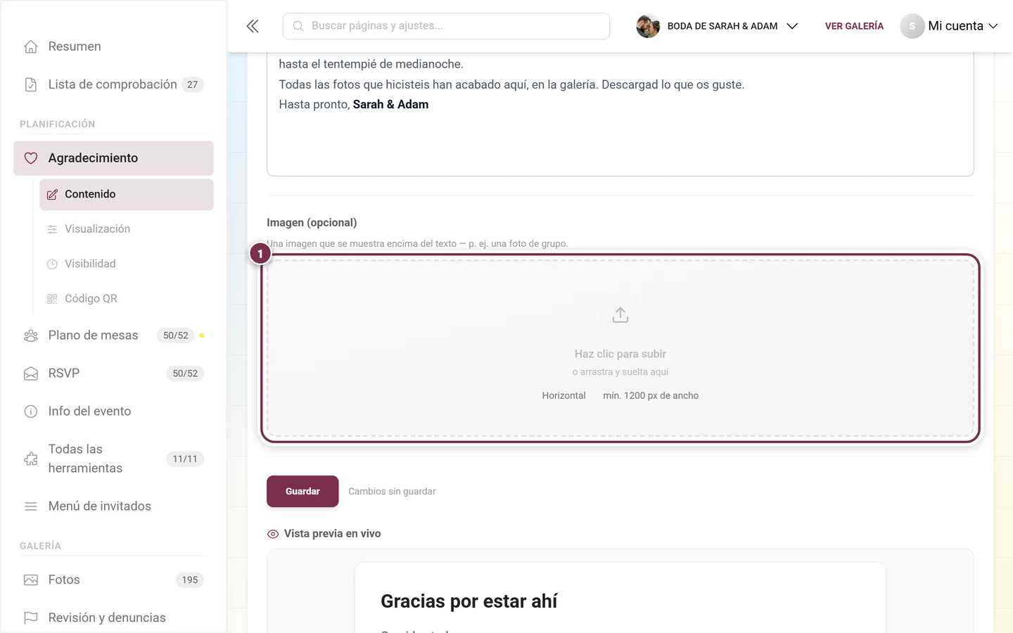 Zona vacía para soltar la imagen de la nota de agradecimiento con las recomendaciones Horizontal y al menos 1200 píxeles