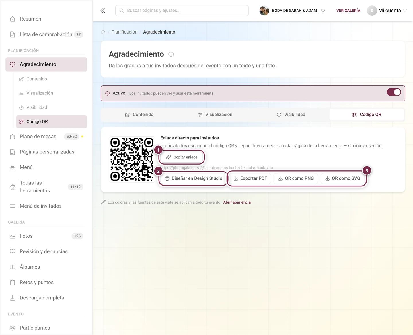 Pestaña Código QR con el enlace directo, el botón de Design Studio y las tres exportaciones de archivo