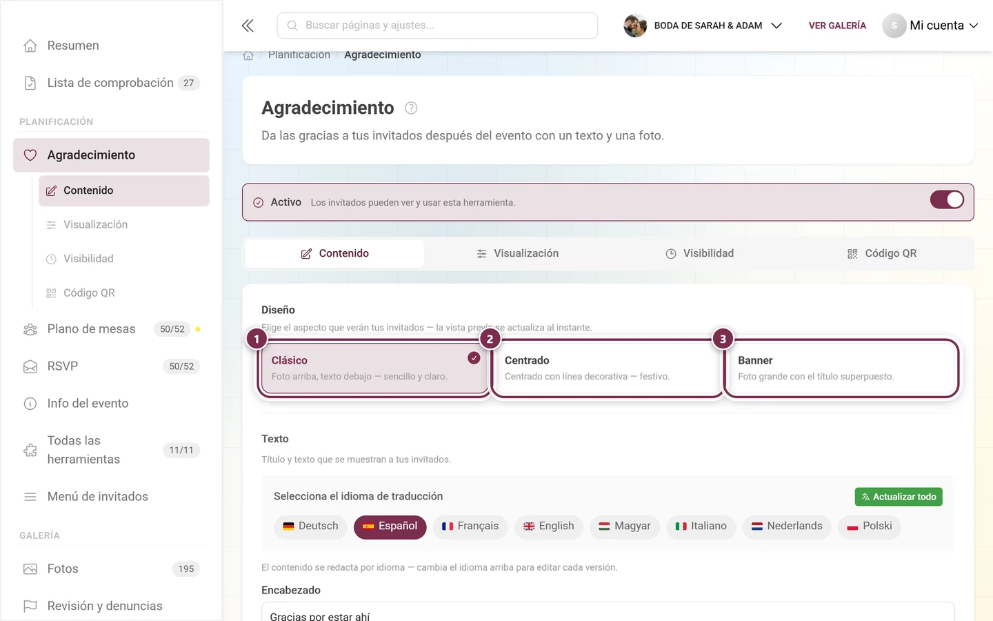 Selector de diseño con las tres tarjetas Clásico, Centrado y Banderola