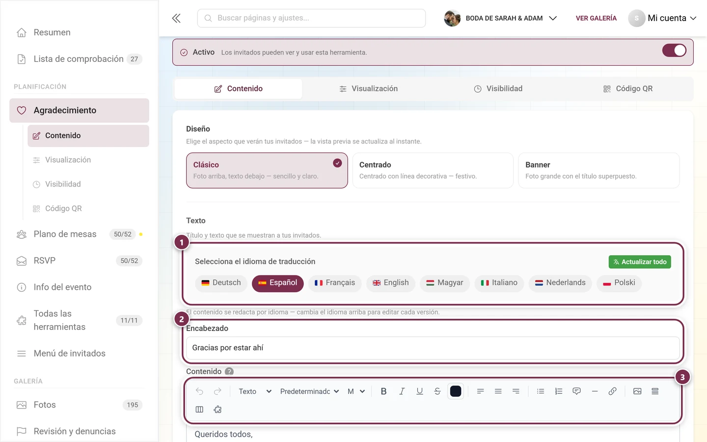 Área de texto de la nota de agradecimiento con la barra de idiomas, el encabezado y la barra de herramientas del editor
