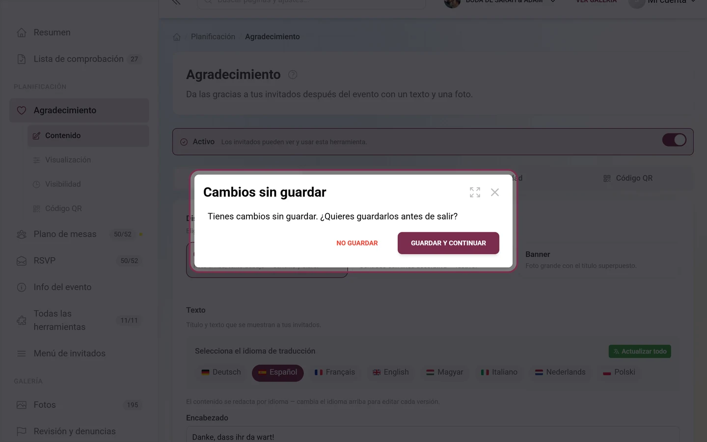 Diálogo de cambios sin guardar con los botones No guardar y Guardar y continuar