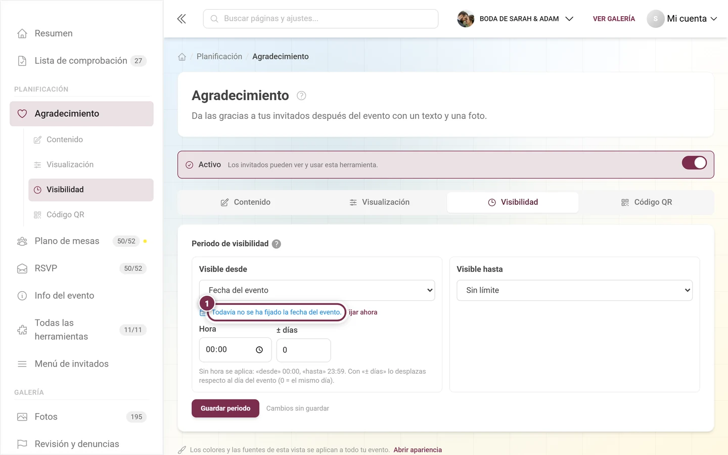 Aviso Aún no se ha fijado ninguna fecha del evento con el enlace Fijar ahora