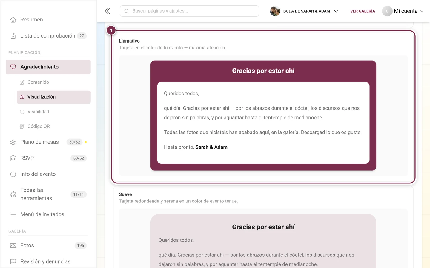 Estilo de widget Llamativo con tarjeta en el color del evento