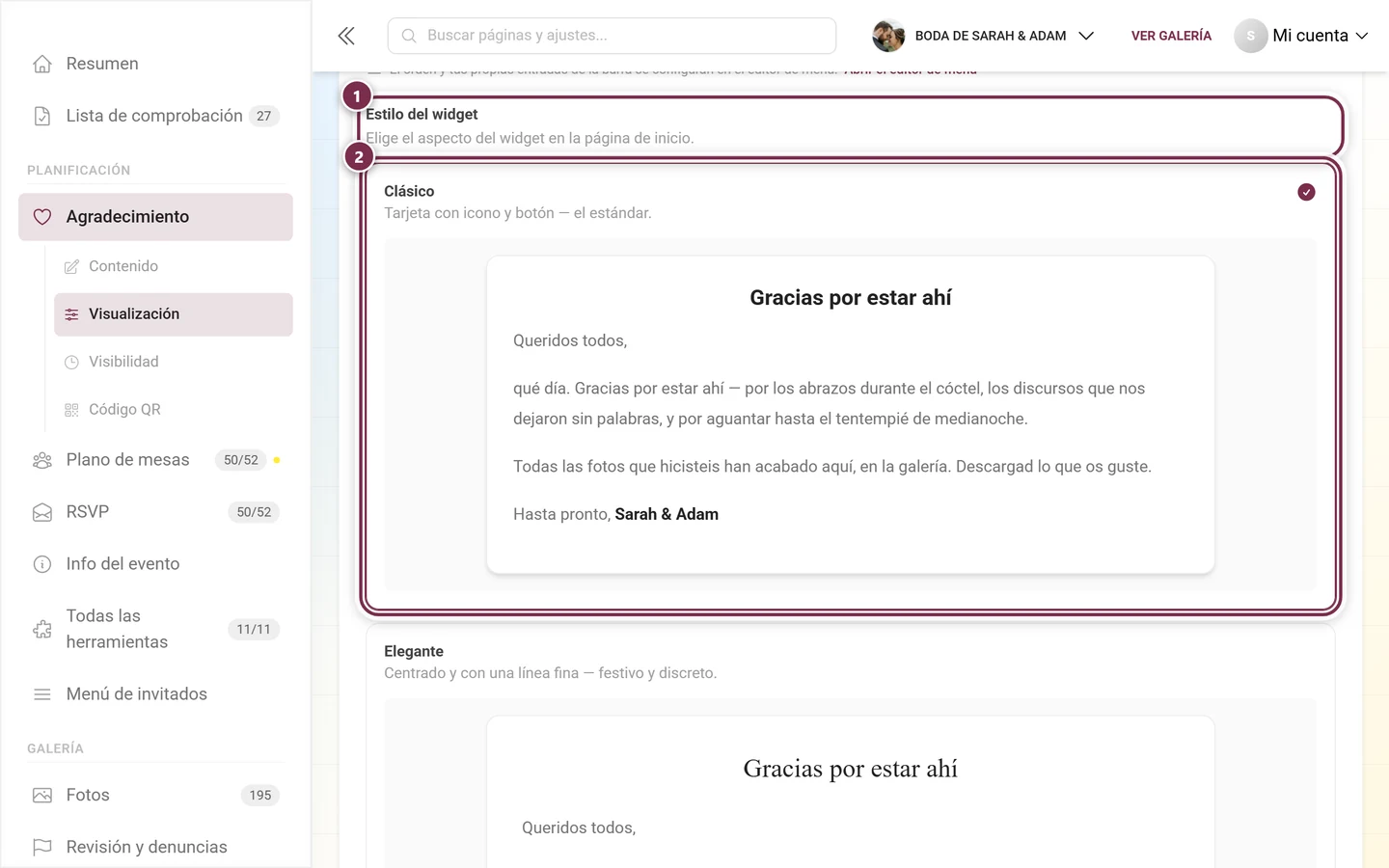 Selección del estilo del widget con la tarjeta Clásico seleccionada