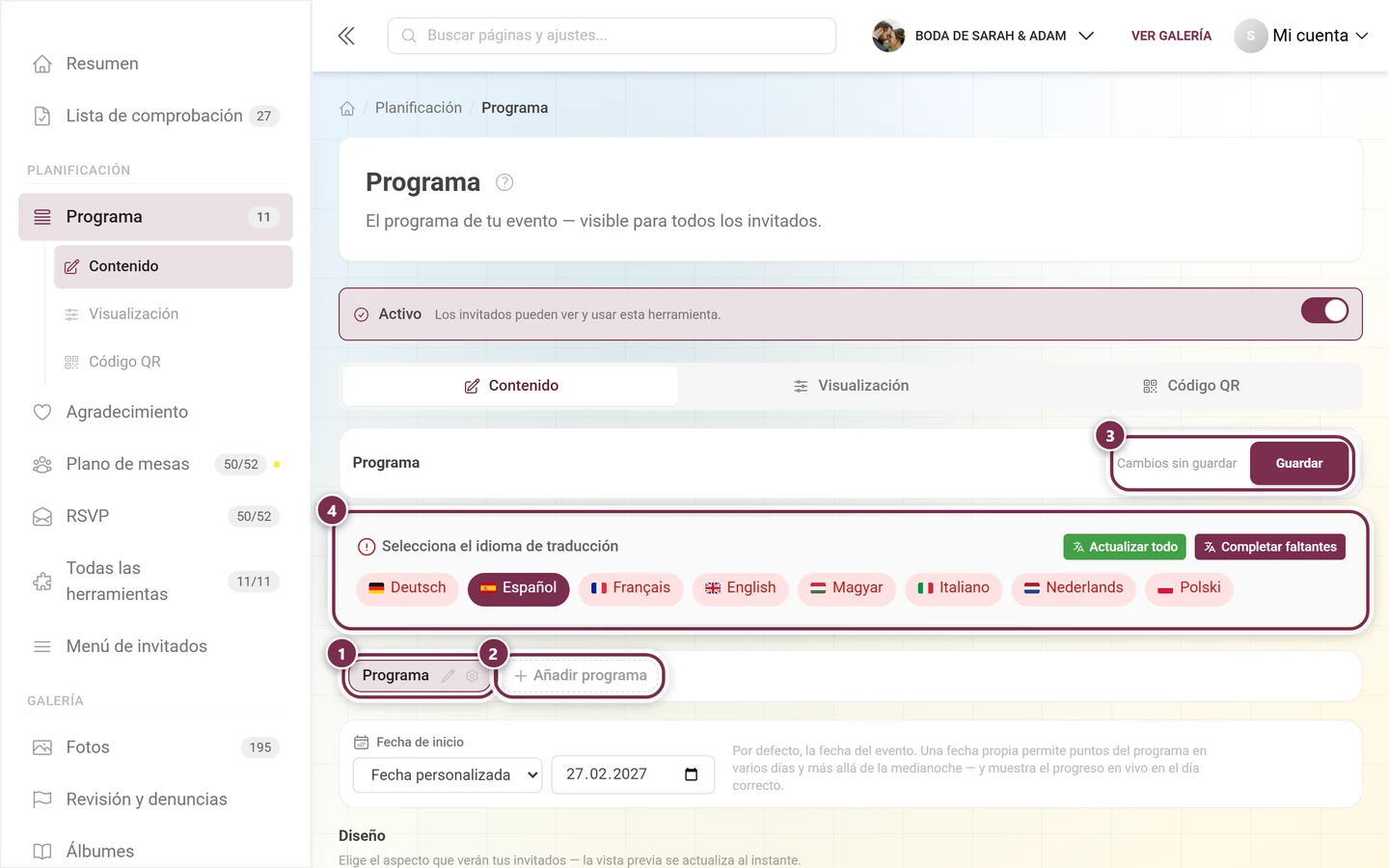 Herramienta de programa con la fila de pestañas, Añadir programa, la barra de idiomas y Guardar marcados