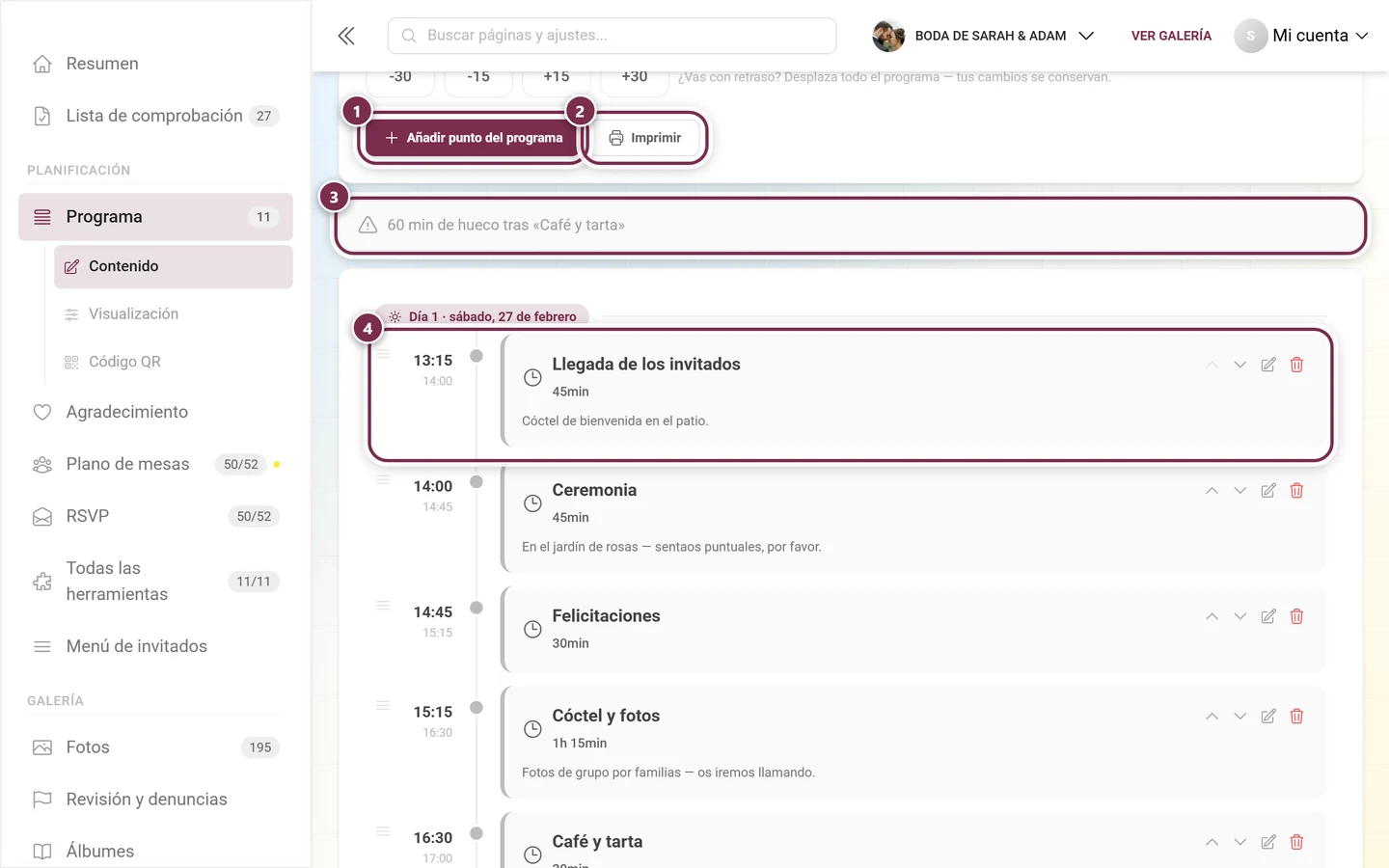 Editor de programa con Añadir punto del programa, Imprimir, el aviso de hueco y el primer punto marcados