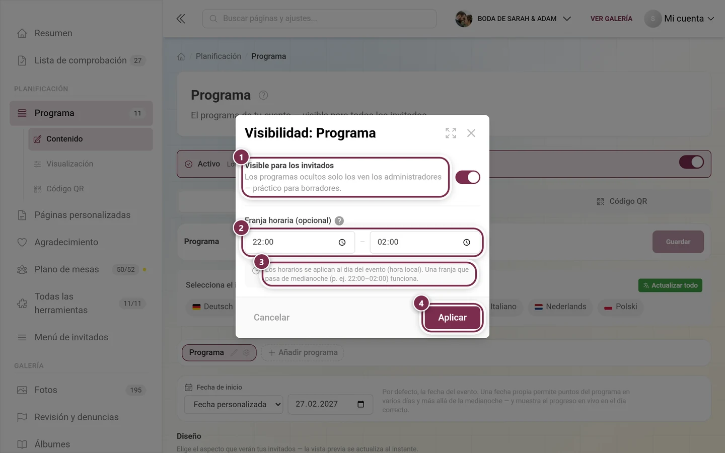 Diálogo Visibilidad: Programa con el interruptor, los dos campos de hora, el aviso y el botón Aplicar marcados