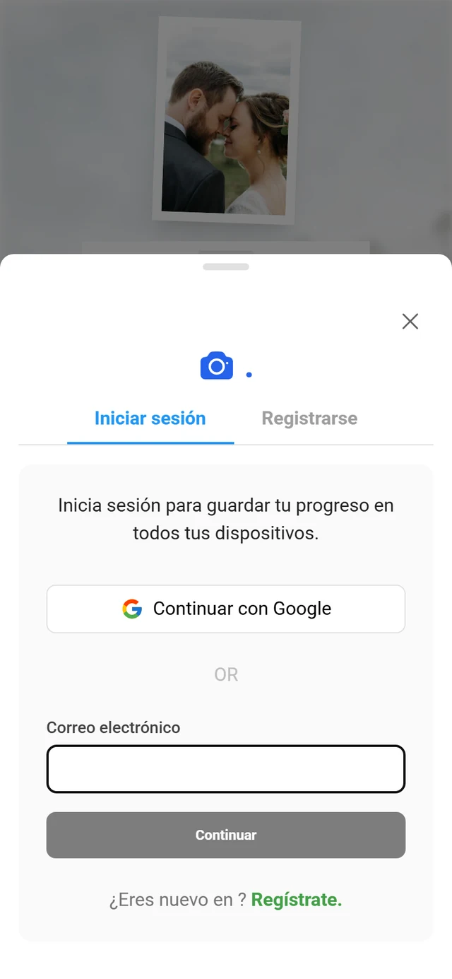 Diálogo de inicio de sesión con opciones de Google y correo electrónico