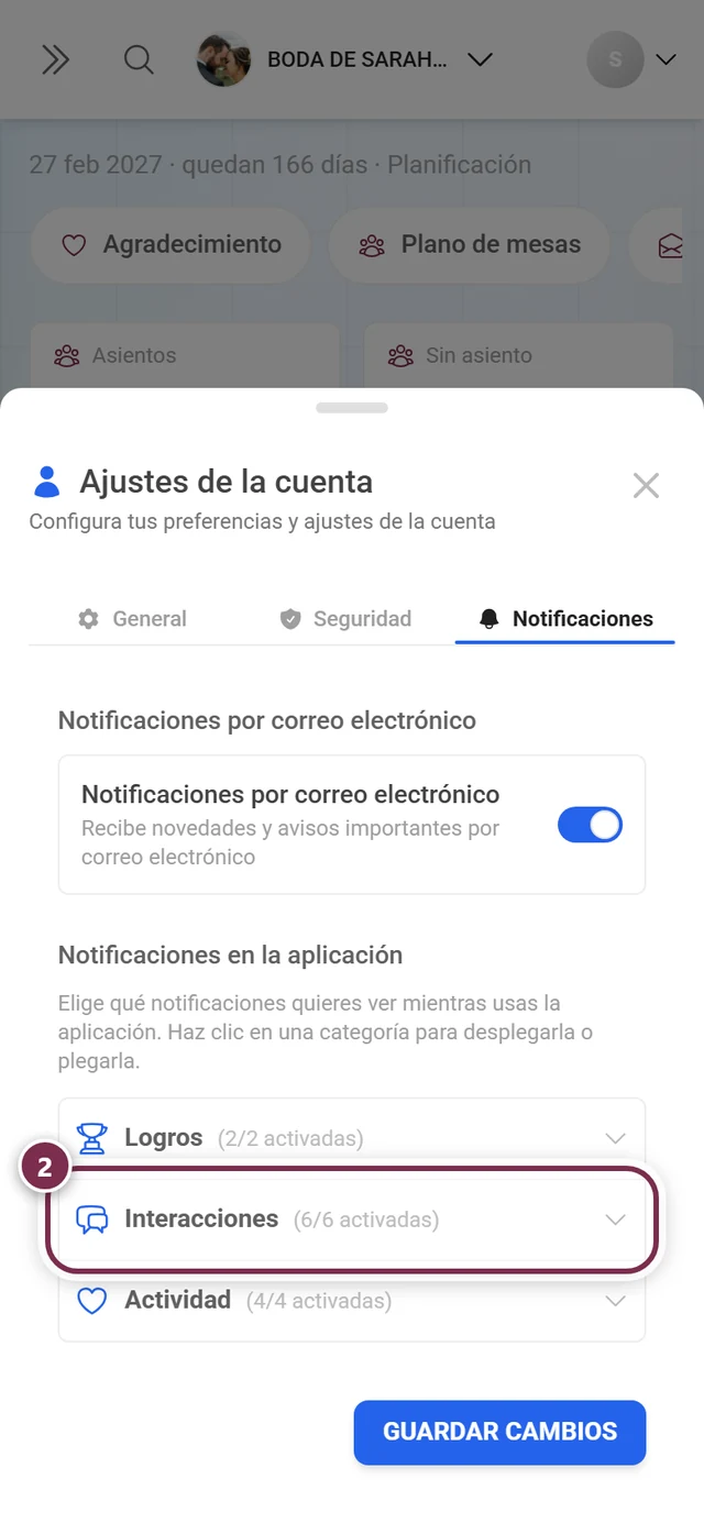Pestaña Notificaciones con las tres categorías plegadas, la cabecera Interacciones marcada en rojo