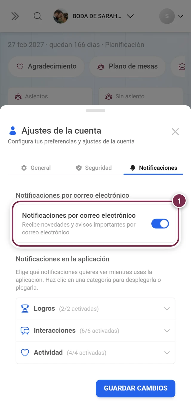 Pestaña Notificaciones con el bloque Notificaciones por correo electrónico marcado en rojo y el interruptor a la derecha