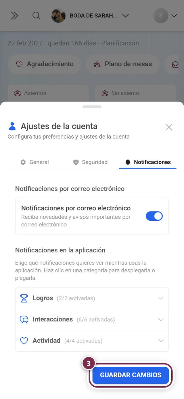 Parte inferior de la pestaña Notificaciones con el botón Guardar cambios marcado en rojo