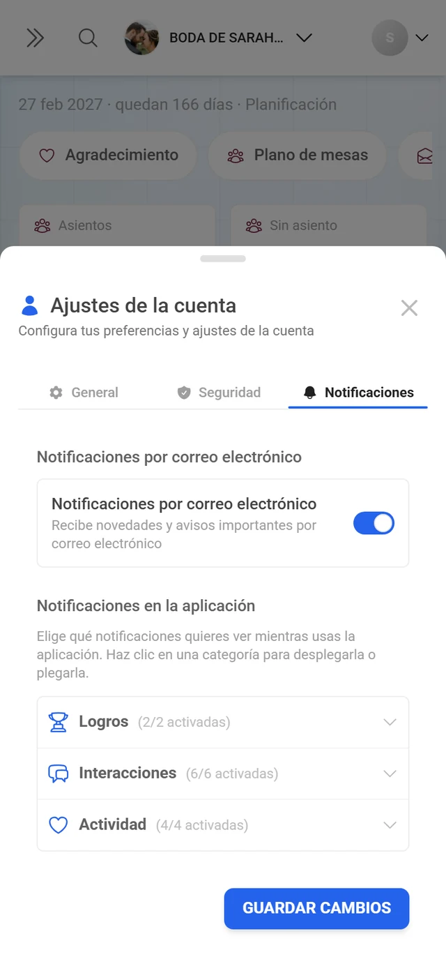 Diálogo Ajustes de la cuenta con la pestaña Notificaciones activa