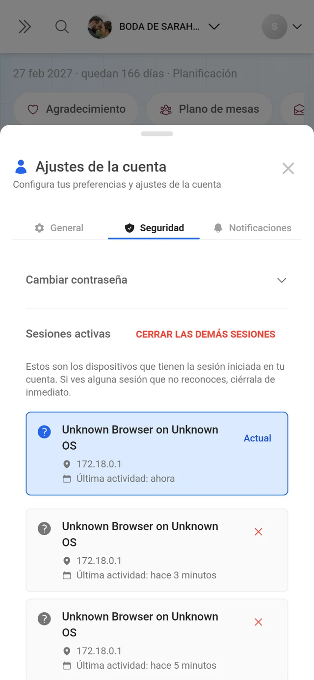 Pestaña Seguridad de los ajustes de la cuenta con la lista de sesiones activas