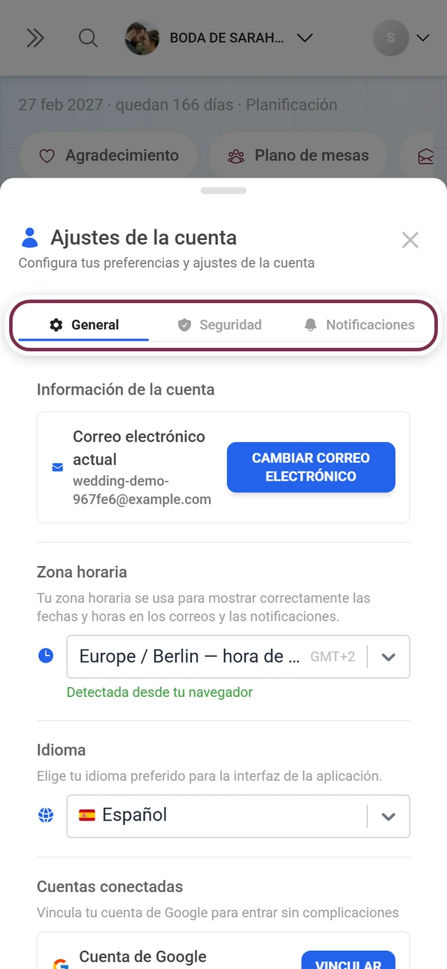 Diálogo Ajustes de la cuenta con la barra de pestañas marcada en rojo