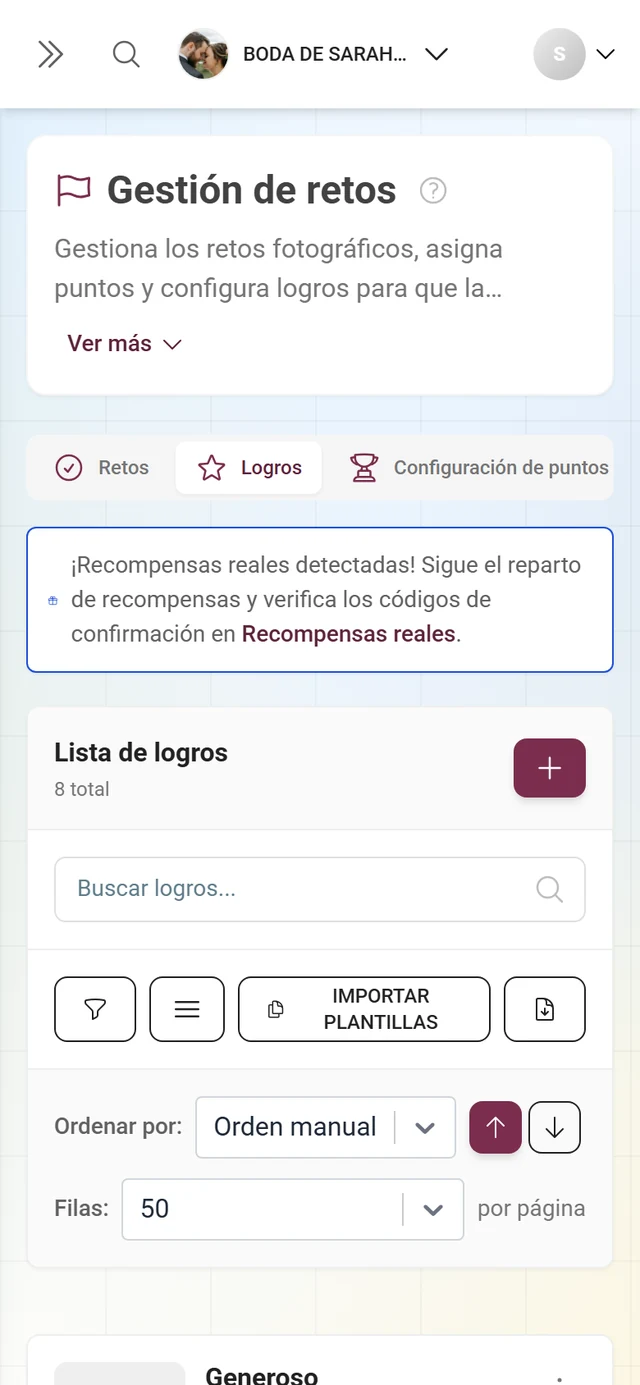 Gestión de logros con insignias, recompensas y condiciones