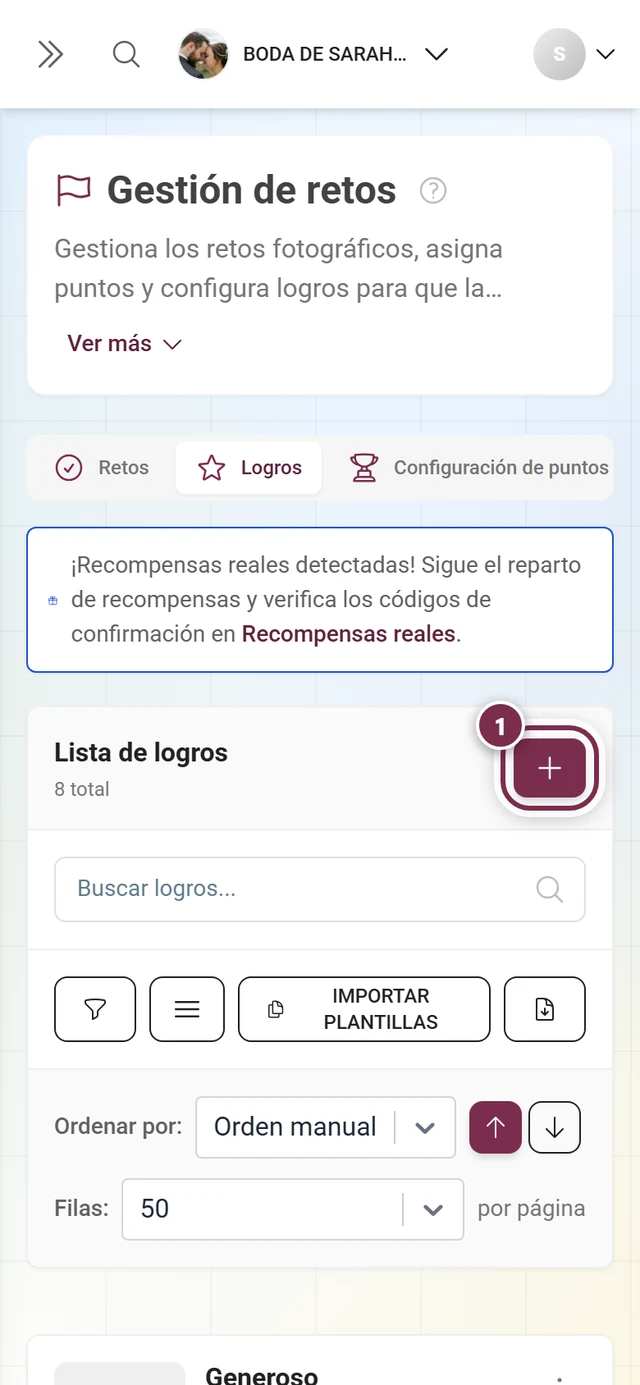 Gestión de logros con el botón Crear logro marcado en rojo sobre la lista