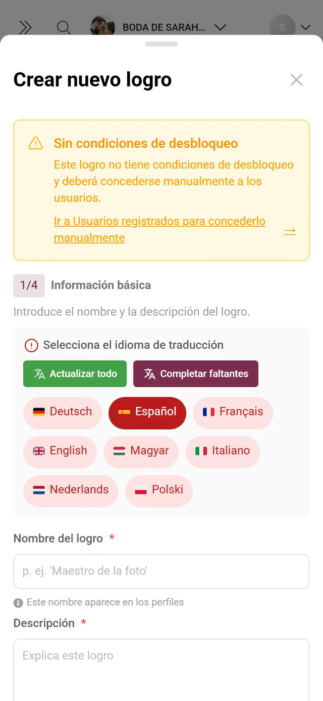 Diálogo para crear un logro con nombre, condición y recompensa