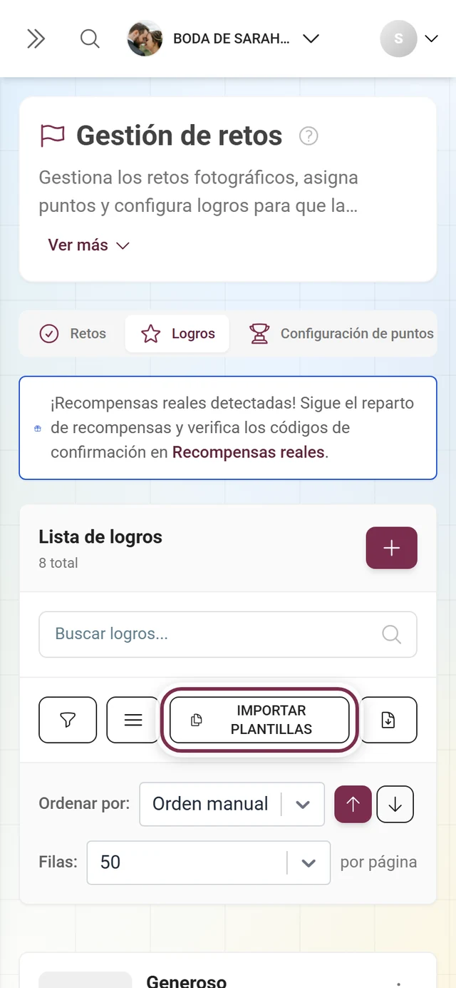 Barra de herramientas de la gestión de logros con el botón Importar plantillas marcado en rojo