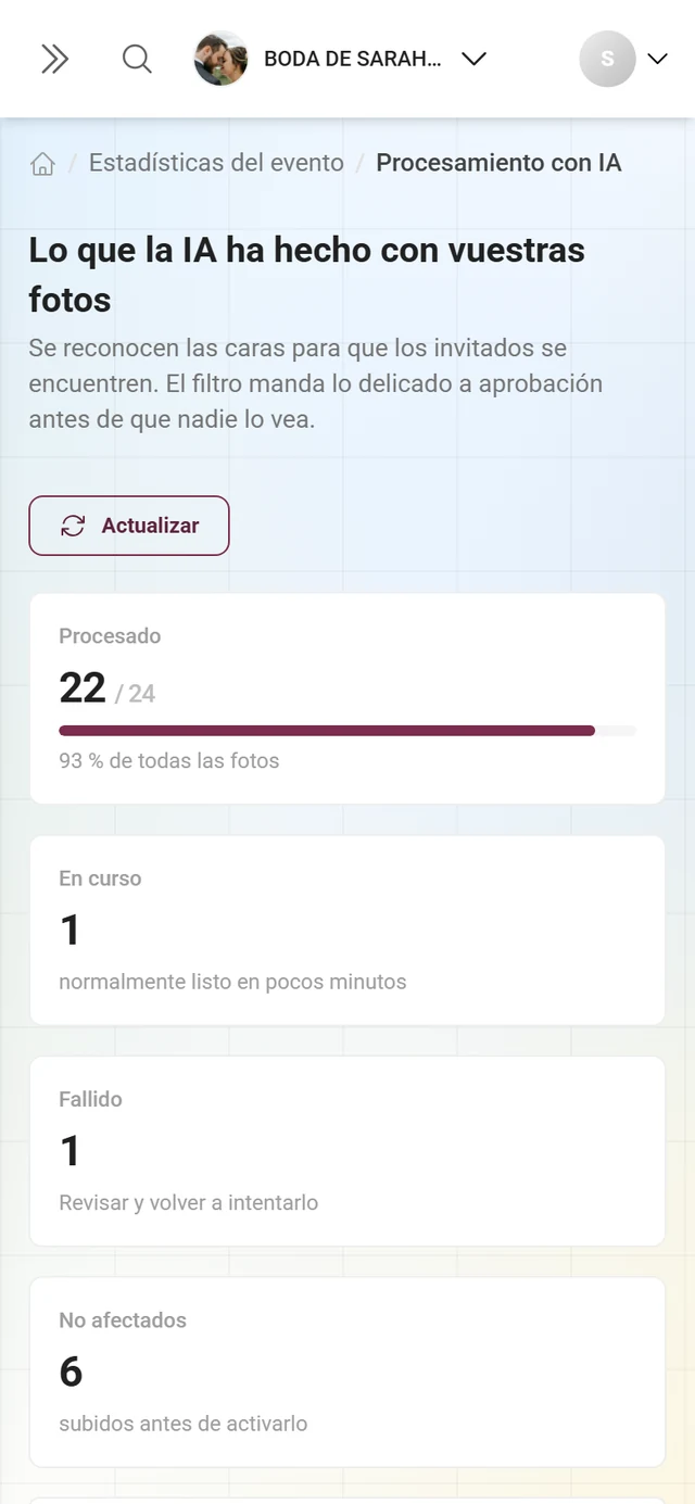 Página «Lo que la IA ha hecho con vuestras fotos» con cuatro indicadores y una tarjeta para el filtro de contenido y otra para los rostros