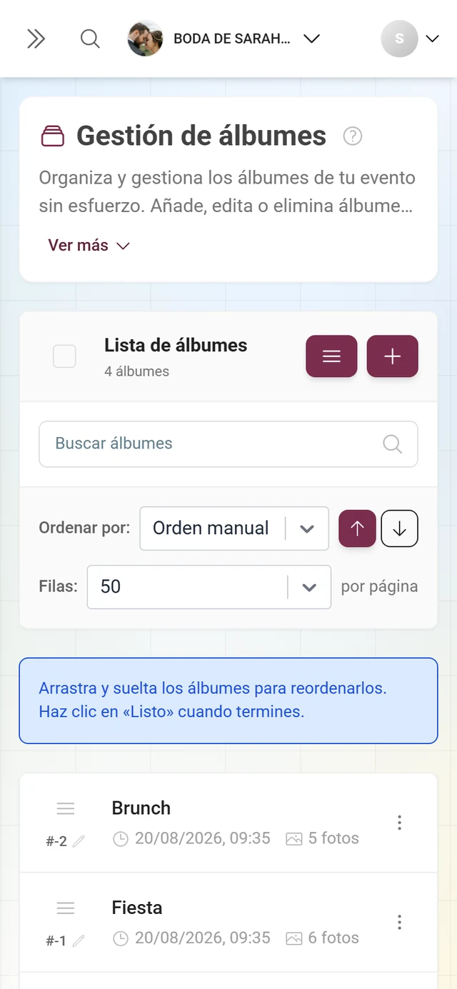 Gestión de álbumes en modo de reordenación con el aviso de arrastrar y soltar y el botón Listo