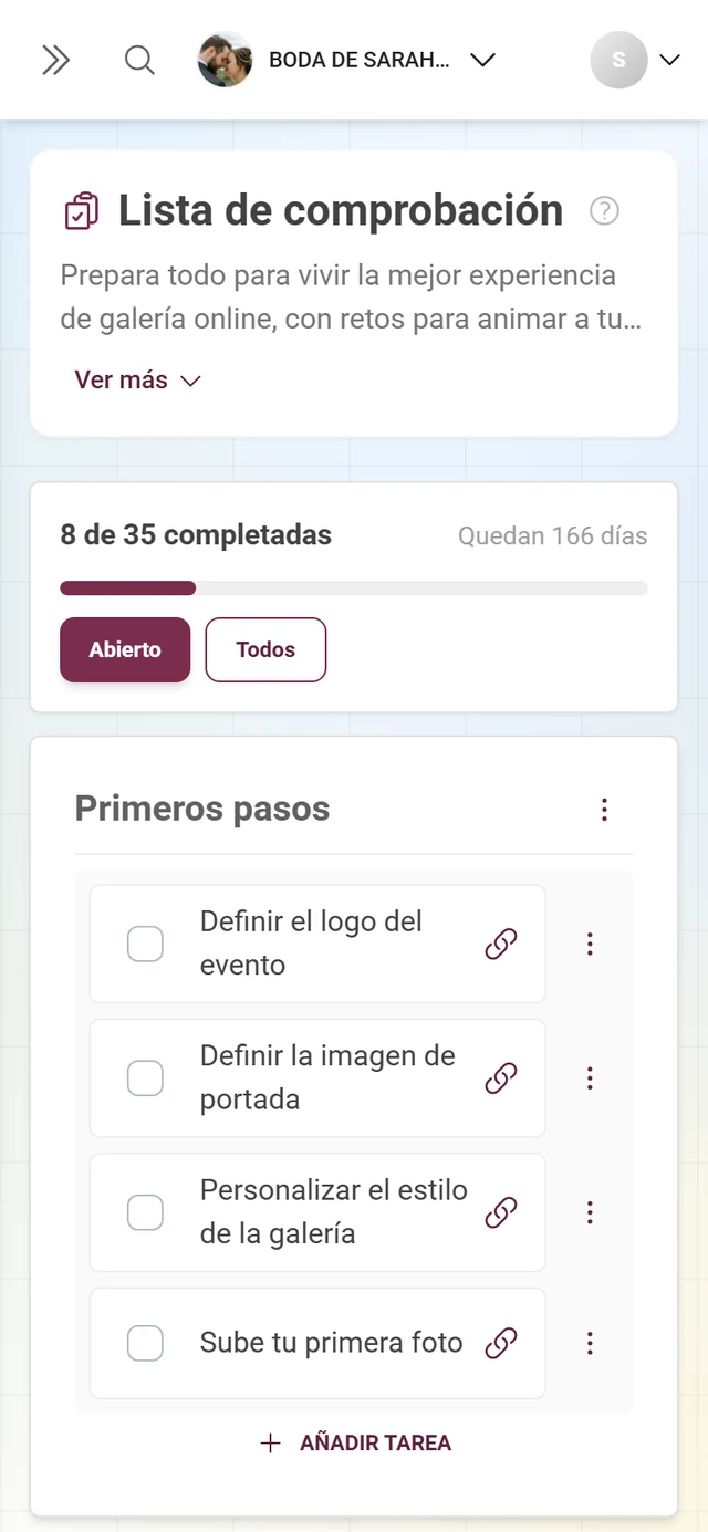 Lista de comprobación de configuración con cabecera de progreso, categorías y tareas