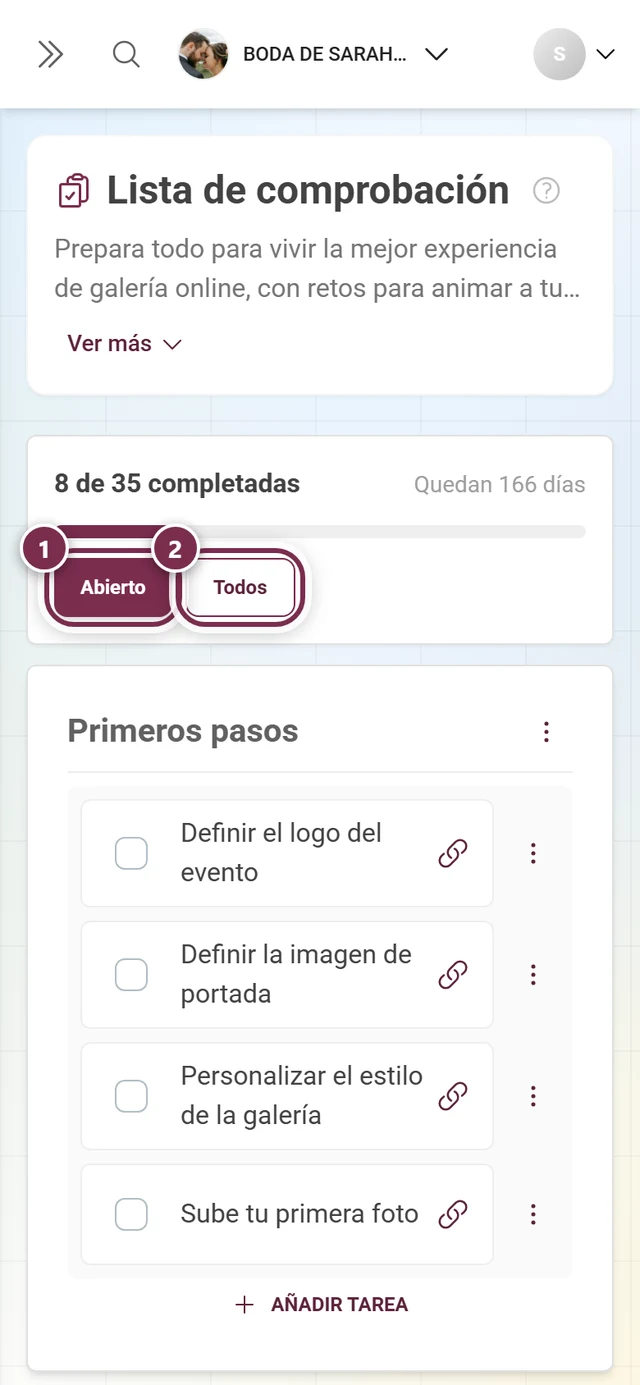 Cabecera de la vista completa de la lista de comprobación con los botones de filtro Pendiente y Todos marcados