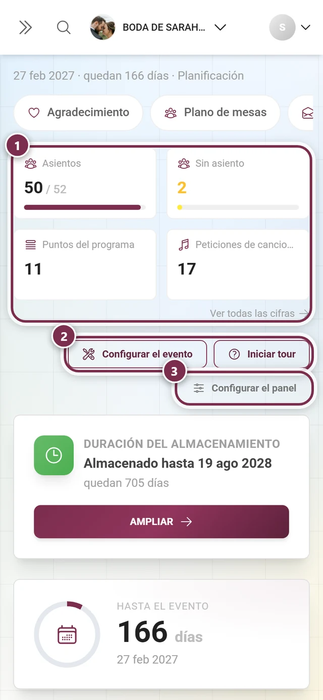 Panel de administración con los botones Configurar evento, Iniciar tour y Configurar el panel, además de la tarjeta Próximos pasos