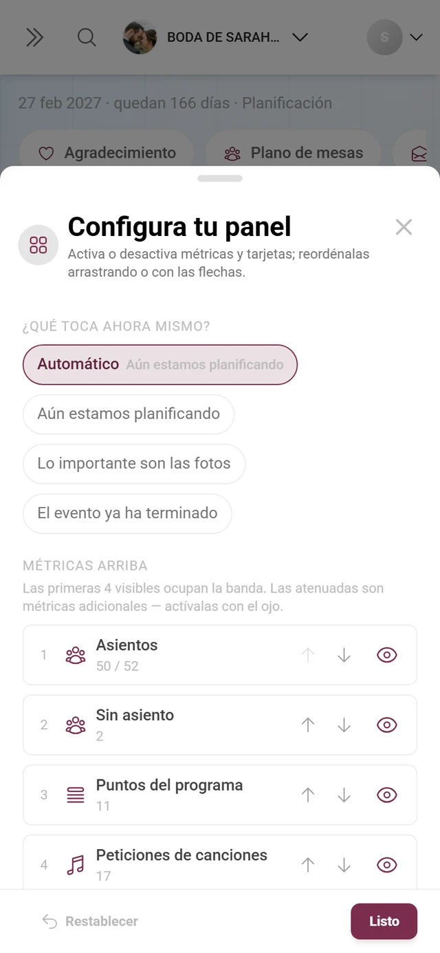 El diálogo Configurar el panel con las píldoras de fase, las cifras y la lista de tarjetas