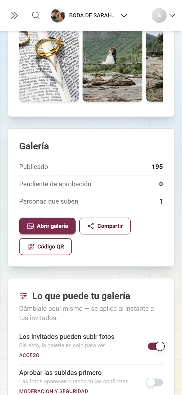 La tarjeta «Galería» con las cifras y los botones Abrir galería, Compartir, Código QR