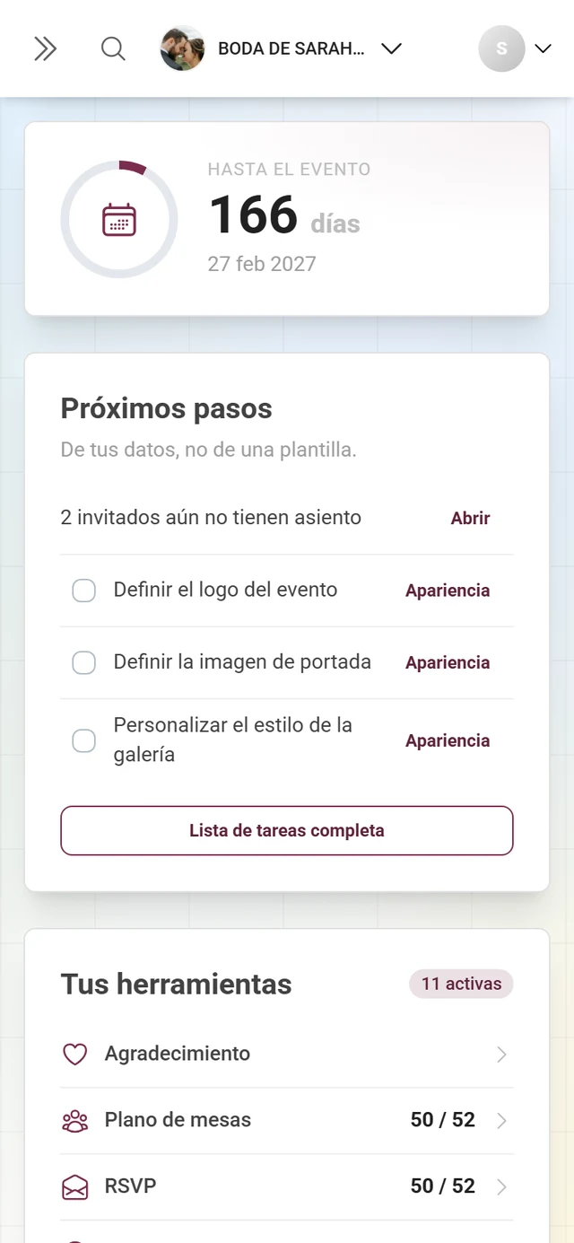 Tarjeta del panel Próximos pasos con pasos derivados y tareas pendientes