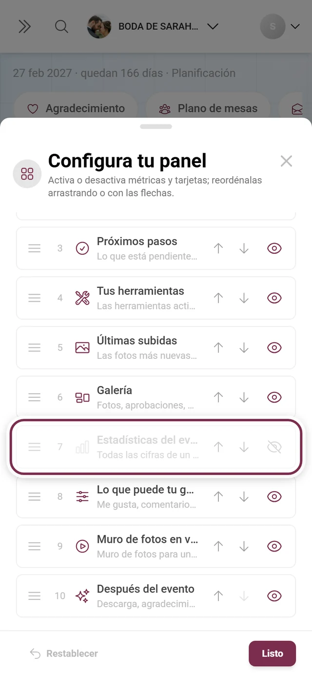 Diálogo Configurar el panel con la tarjeta Estadísticas del evento resaltada